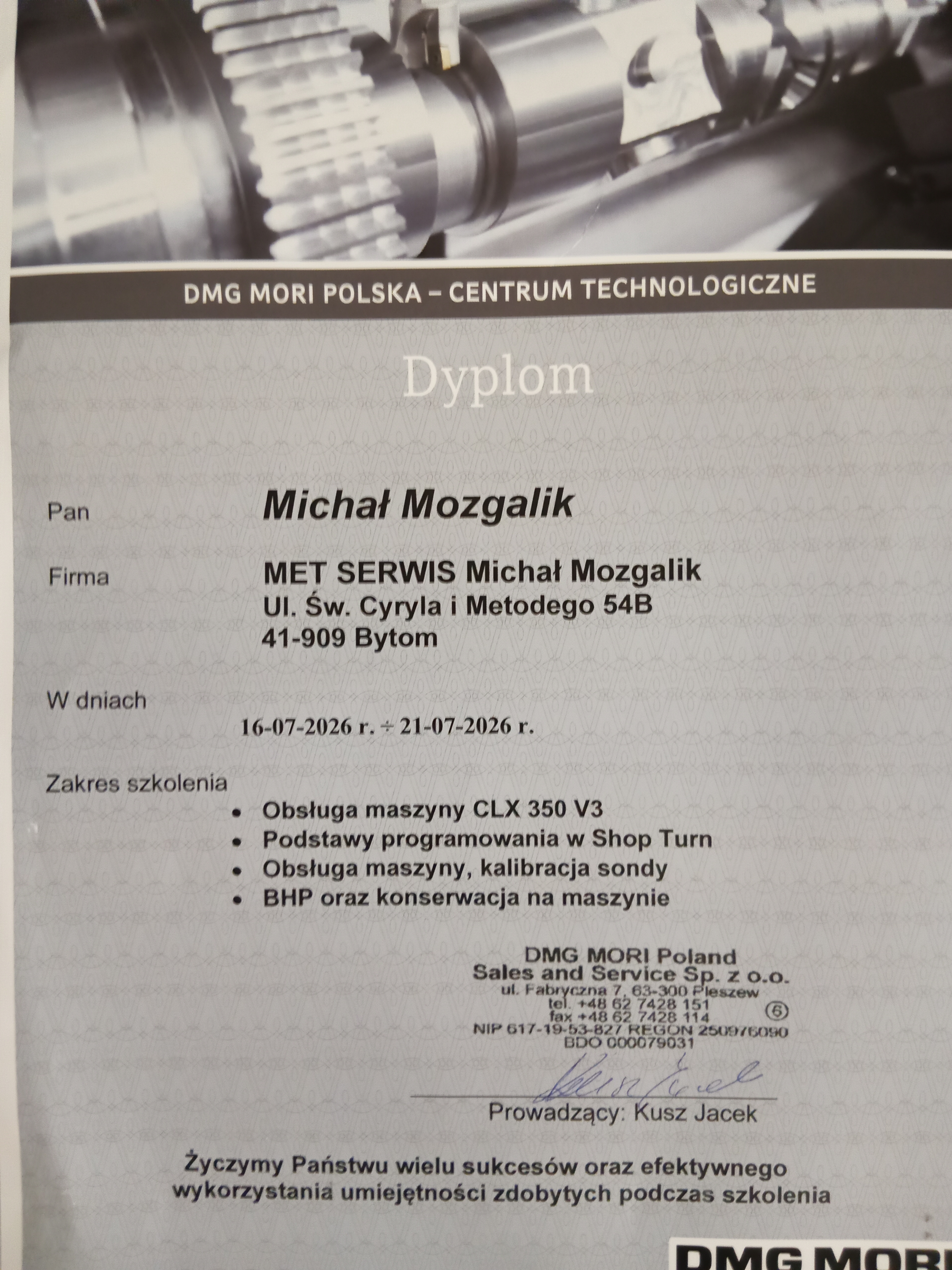 Dyplom czeladniczy — Michał Mozgalik