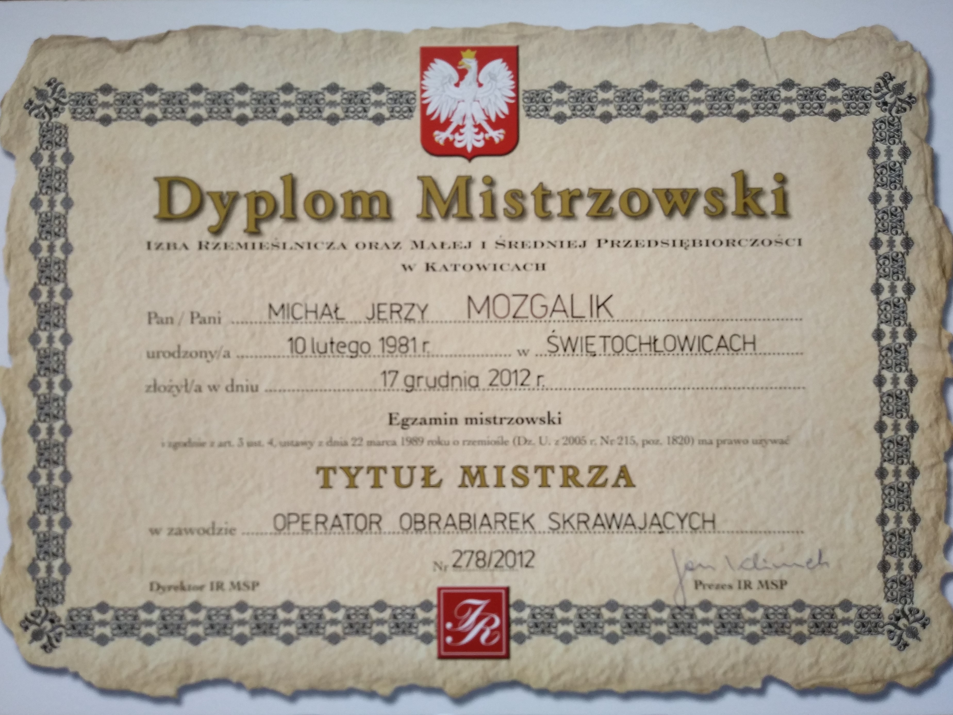 Dyplom mistrzowski — Michał Mozgalik